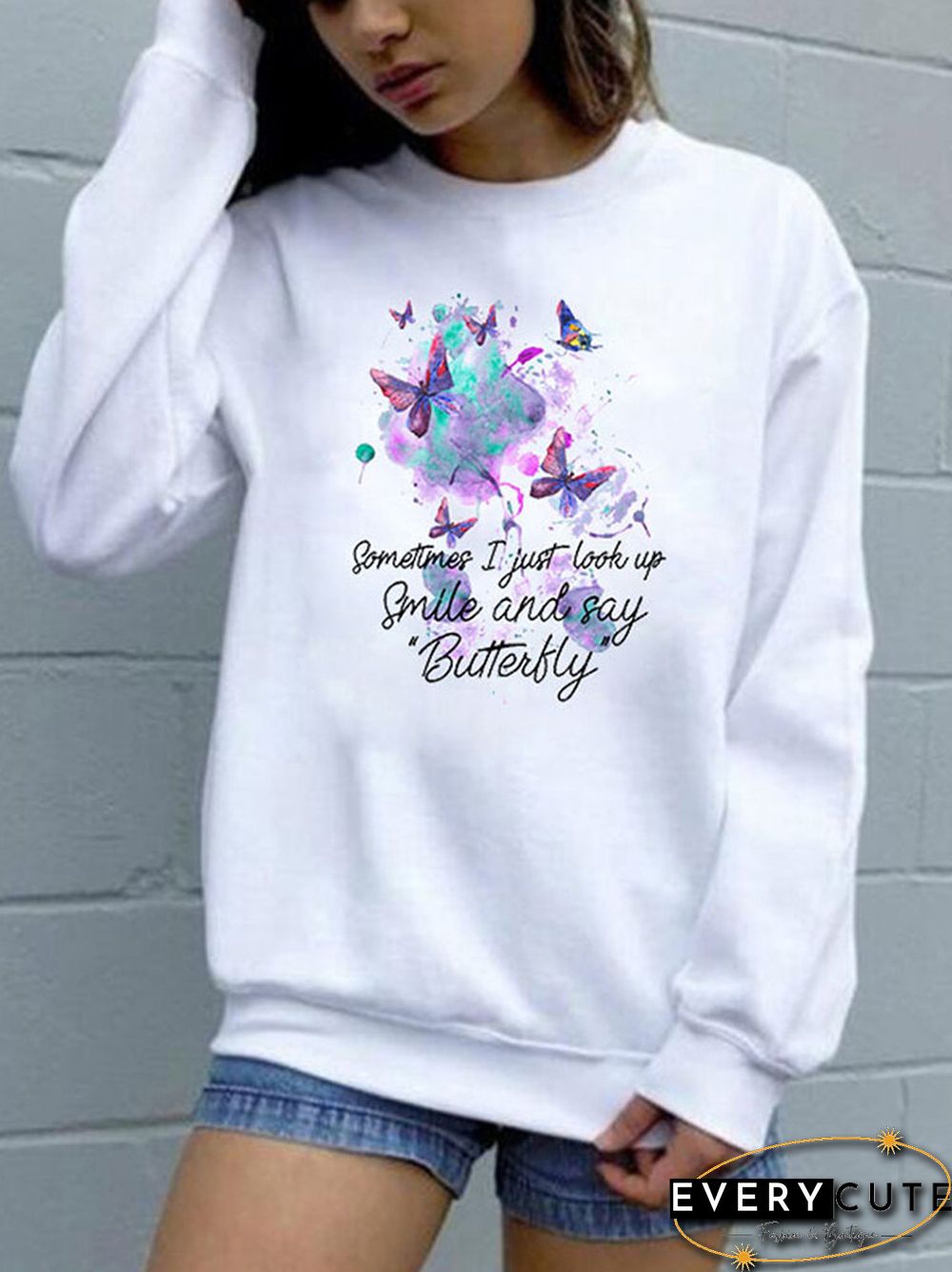 Butterfly Letters Printed Long Sleeve O-neck Sweatshirt For Women