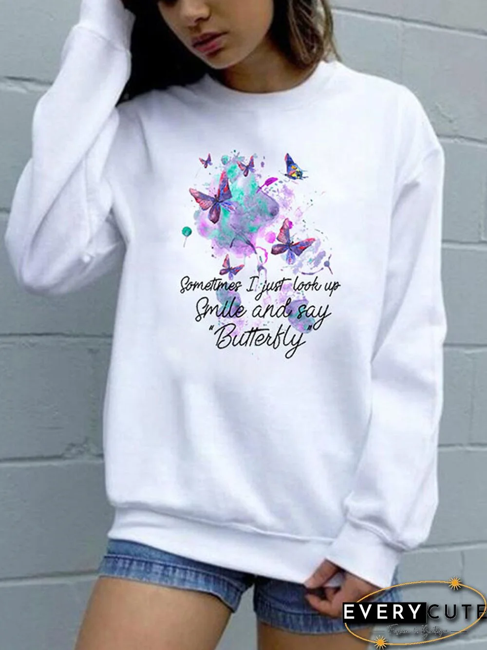 Butterfly Letters Printed Long Sleeve O-neck Sweatshirt For Women