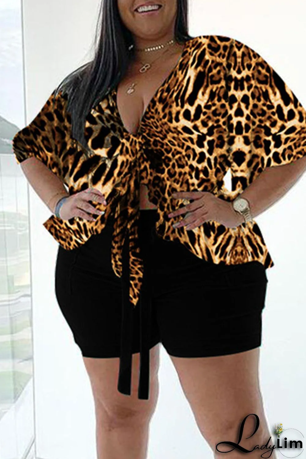 Leopard Print Sexy Print Bandage Split Joint Asymmetrical V Neck Plus Size Two Pieces