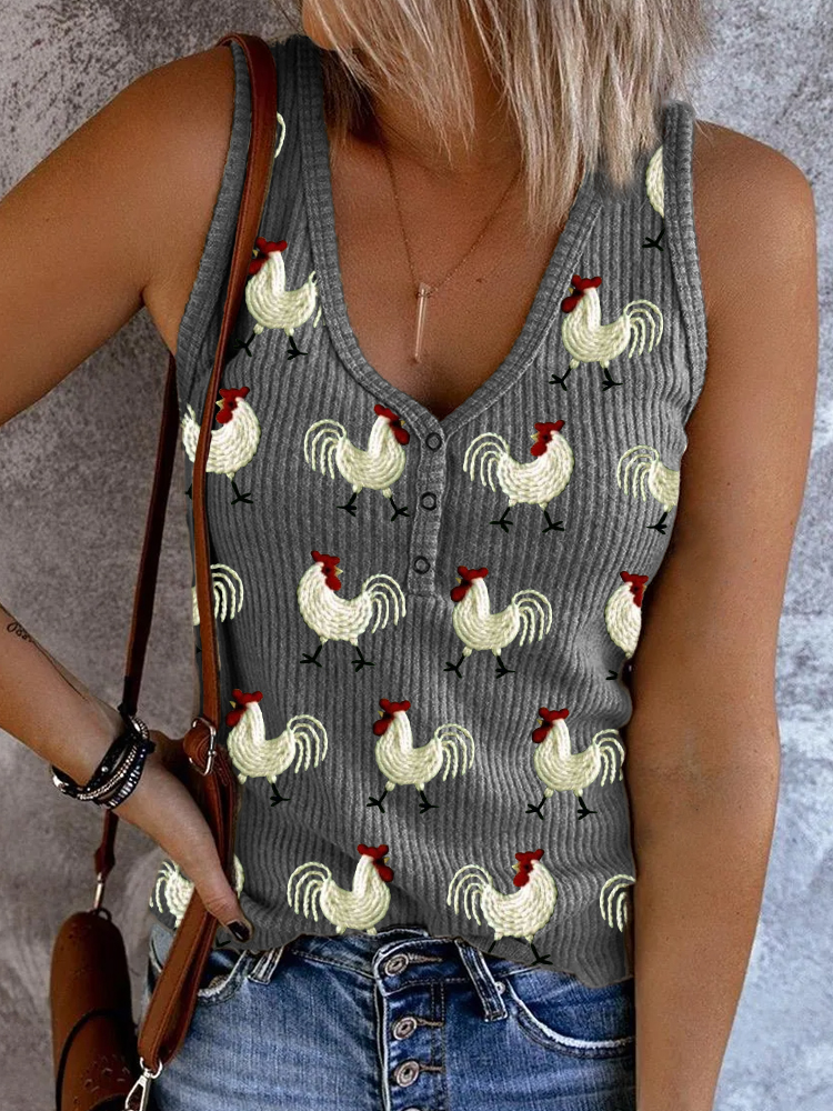 Comstylish Vintage Roosters Embroidered Button Up Tank Top