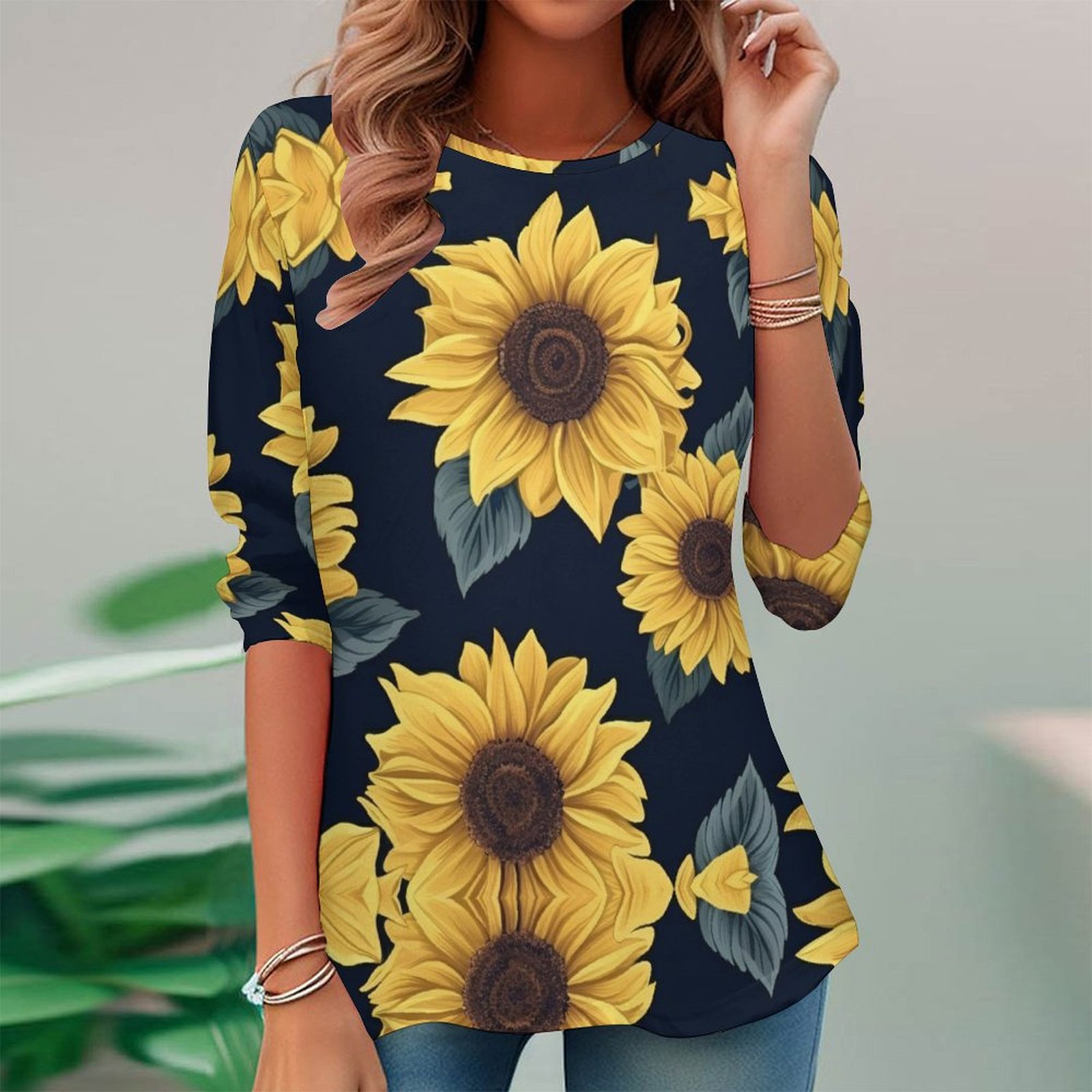 Women Long Sleeve V-neck Graphic Floral Printed Top