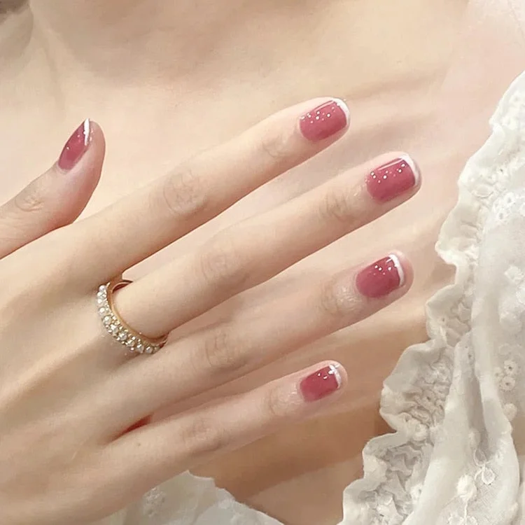 24pcs Small Floral Printed False Nails Patch Glue Type Short Paragraph Fashion Manicure Natural Artificial Ballerina Fake Nails-Nail Inspo