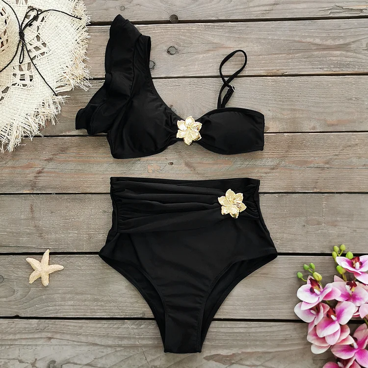 Ruffle One Shoulder Flower Bikini Swimsuit