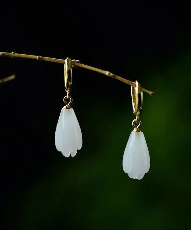 Unique Gold Sterling Silver Overgild Jade Orchid Drop Earrings