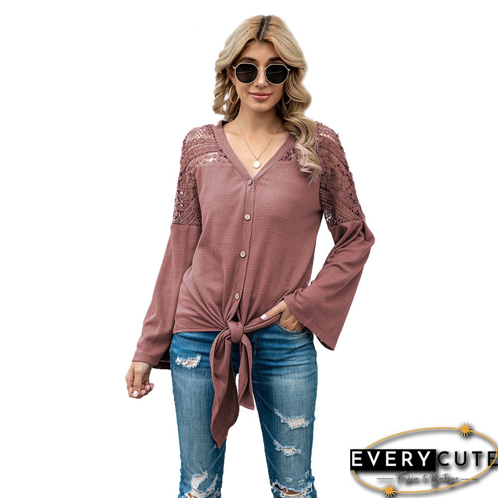 Pink Crochet Lace Insert Shoulder Waffle Tops