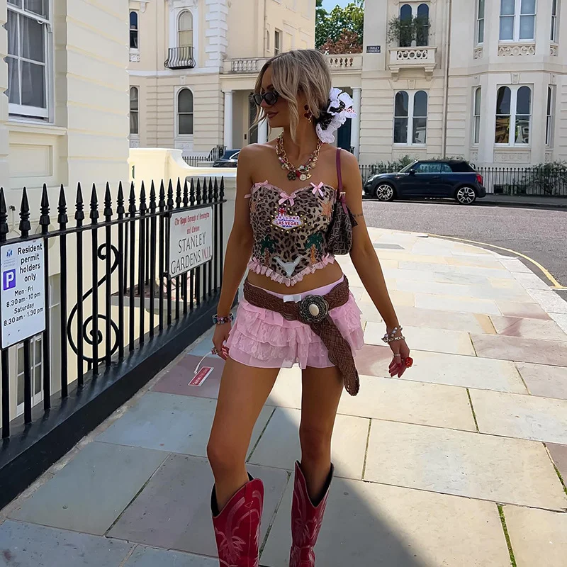 Uveng 2024 Summer New Women's Fresh Sweet Bow Leopard Dew Back Repair Vest