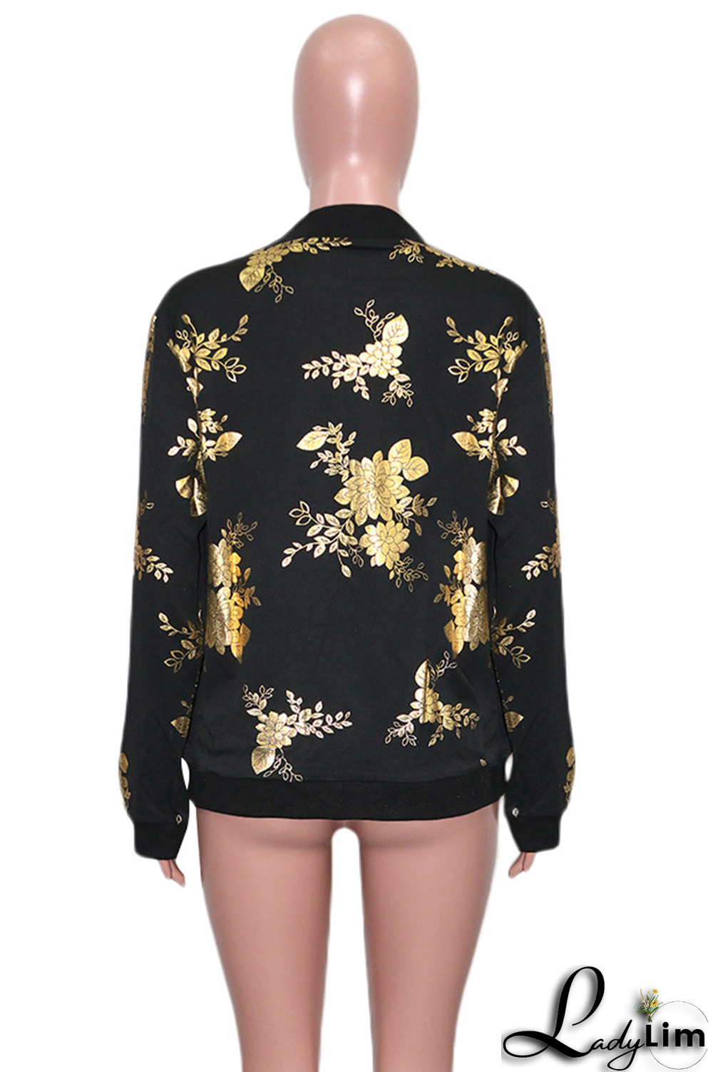 Black Fashion Print Patchwork Zipper Collar Outerwear