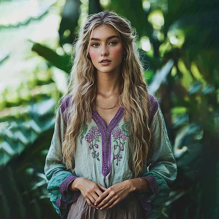 Retro Boho Floral Tribal Embroidery Print Cotton And Linen Blend Loose Blouse