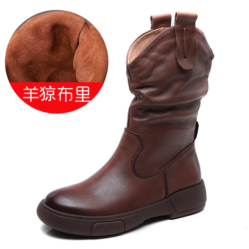 Yyvonne Boots Pile Boots Top Layer Of Kraft Mid-Sleet Boots Women Flat Bottom Soft Skin Autumn Winter Leather Martin Boots Horse Rider Boots