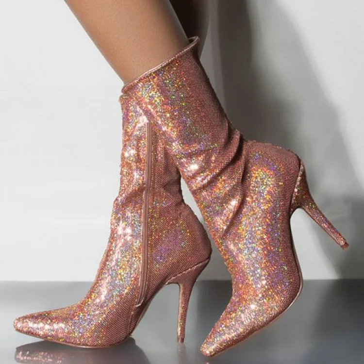 Pointed Stiletto Heel Women's Sparkling Zipper Shoes Mid Calf Boots |FSJ Shoes