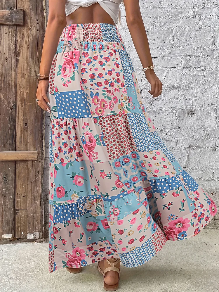High-Waisted Women's Elegant Floral Print Maxi Skirt | Polyester Fabric, Machine Washable, Vibrant Blue, Pink, And White Flowers | Perfect For Spring/Summer