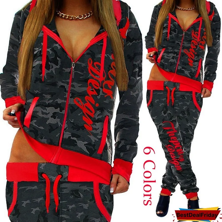Women's Casual Camouflage Tracksuit Sports Suit Hoodie and Pants Set