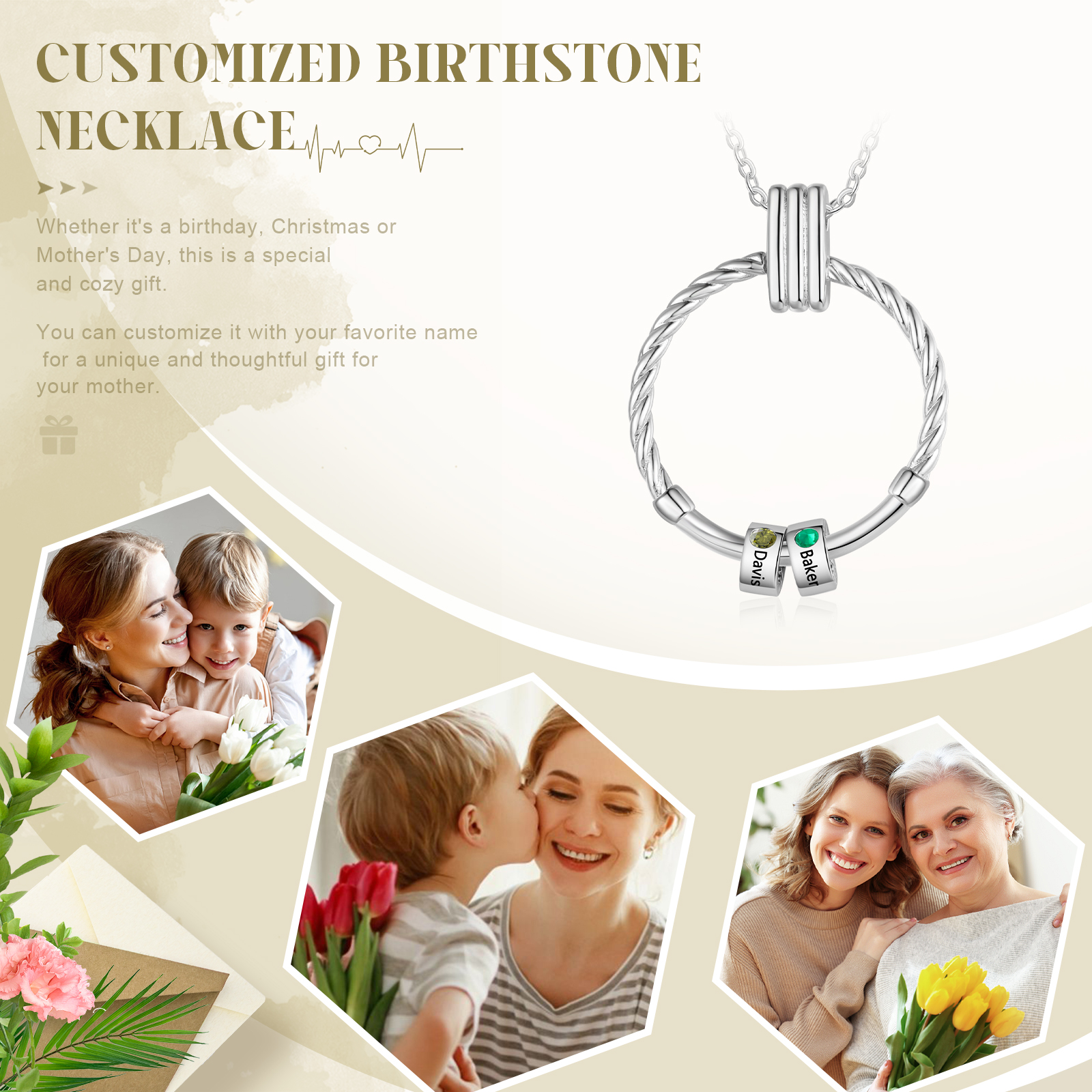 2 Names - Personalised Circle Pendant Necklace Custom Birthstones & Names Necklace Birthday Gift for Her-Jessemade AU