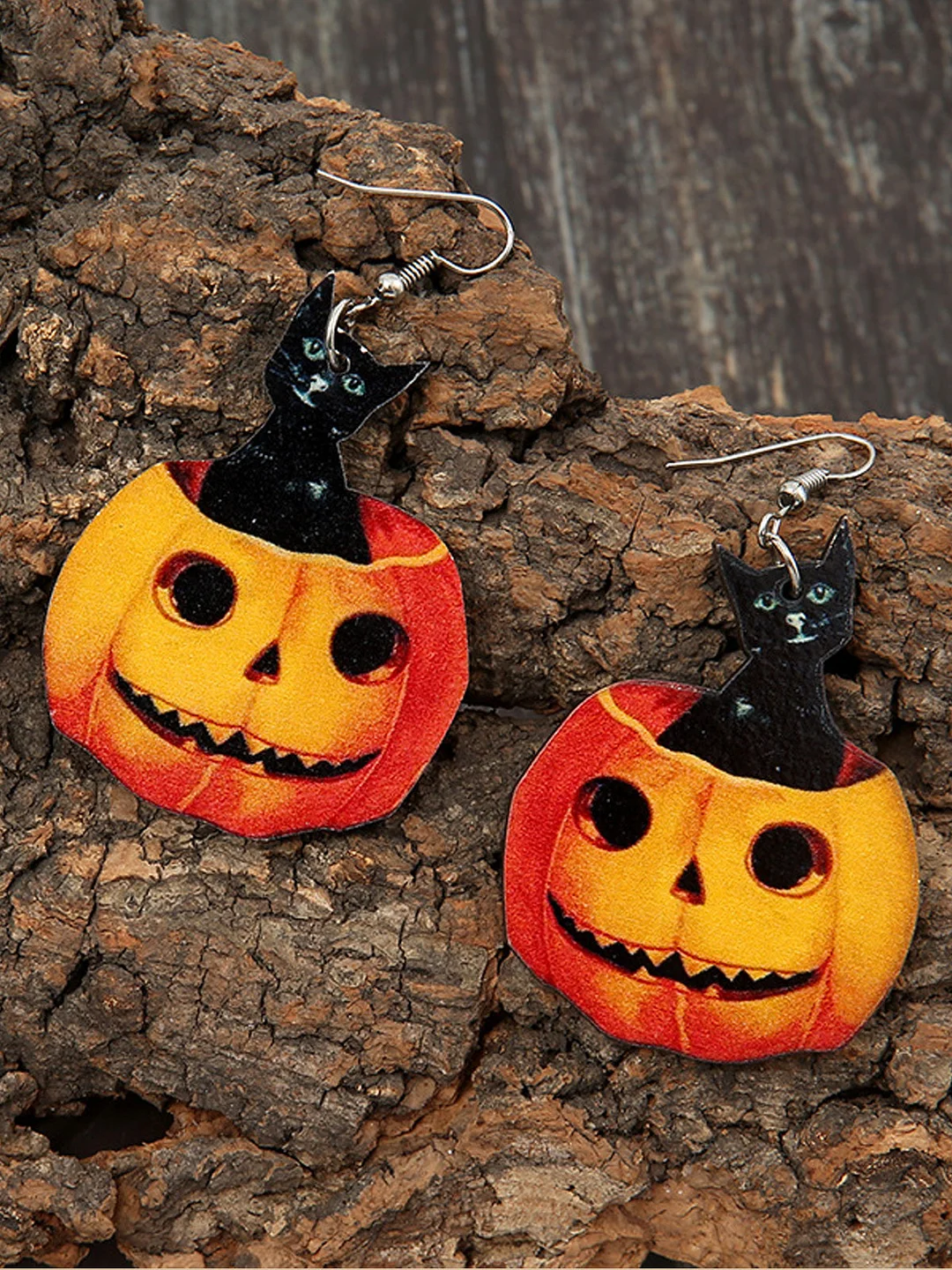Fashion Cat Pumpkin Wood Earrings