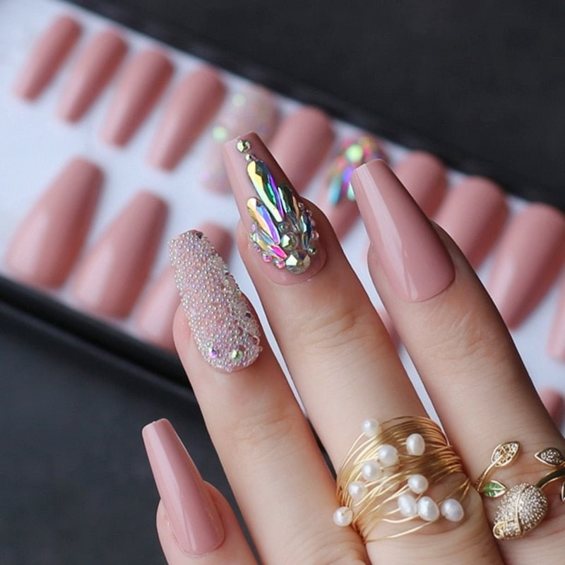 cream glossy coffin Press on nails 3D caviar reusable gel box custom crystal nails bling Microdrill glitter Ballet fasle nails