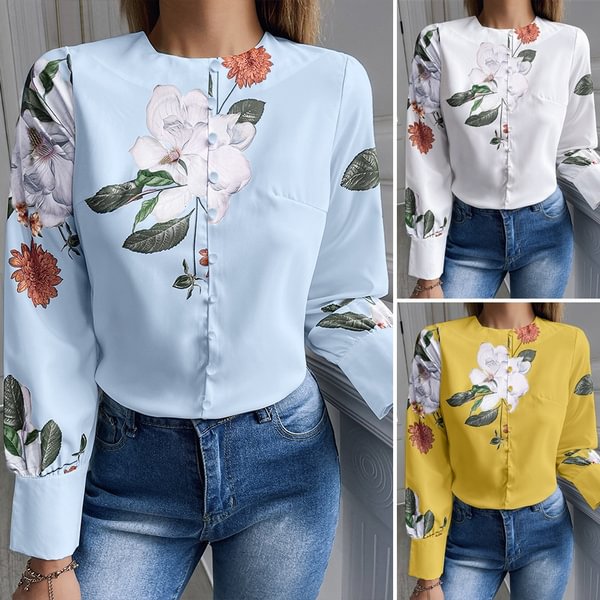 Women Spring Casual O Neck Floral Printed Party Top Button Down Retro Office Shirt Blouse - Life is Beautiful for You - SheChoic