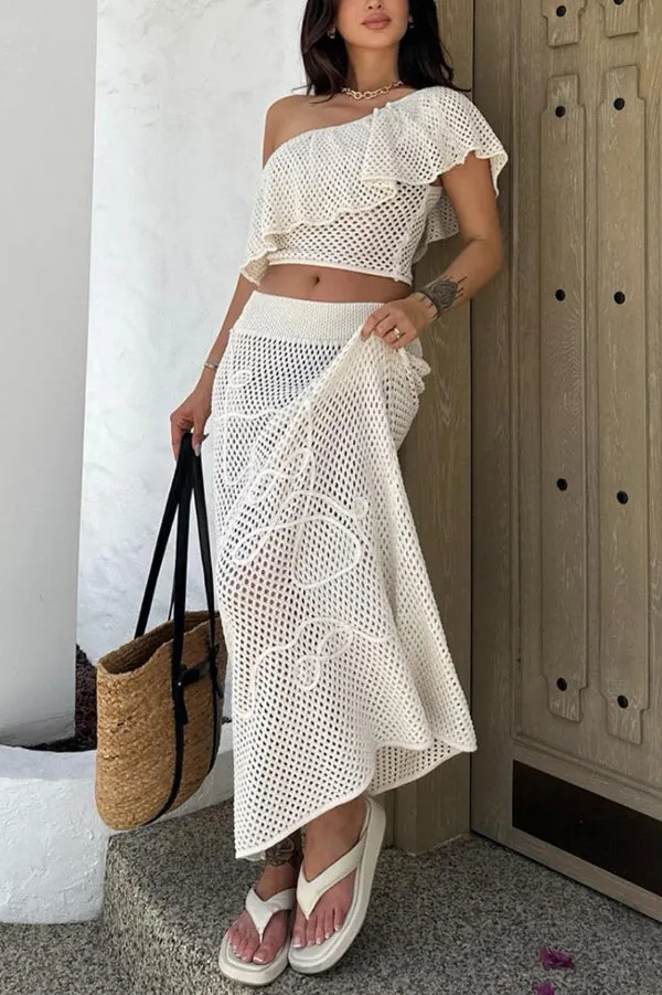 Solid Color One-shoulder Ruffled Openwork Top and Elastic Wst Holiday Knit Maxi Skirt Cover-up Set