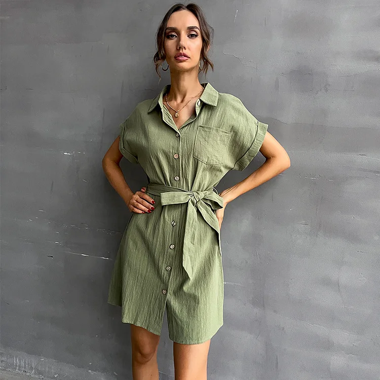 Shirt Skirt Green Lace Up Short Sleeved Cotton Linen Dress