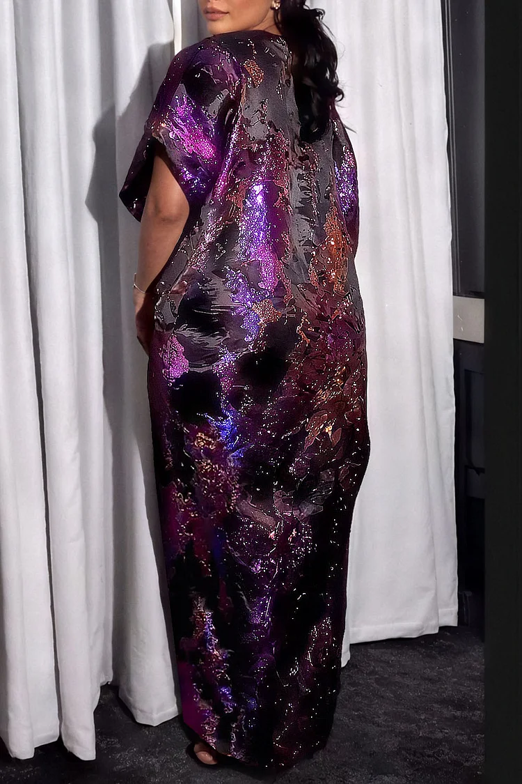Plus Size Formal Purple Round Neck Short Sleeve Split Jacquard Maxi Dresses [Pre-Order]