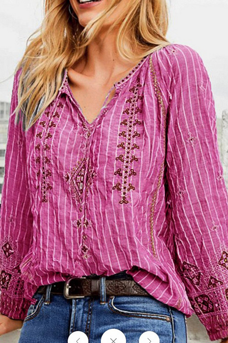 Casual Street Striped Print Frenulum V Neck Tops - Life is Beautiful for You - SheChoic