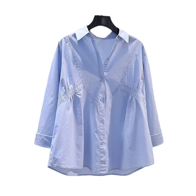 Athvotar Athvotar 2025 Spring And Autumn New Clad Waist Design Folds Loose Cotton Shirt Women Blue Long-Sleeved Shirt