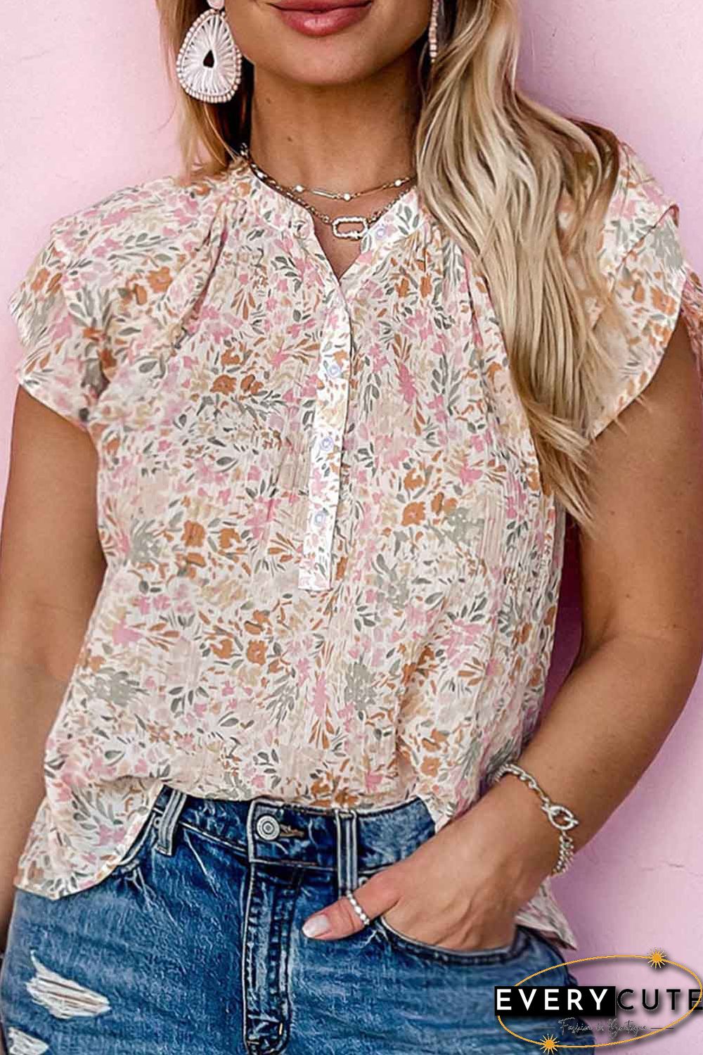 Multicolor Plus Size Floral Mandarin Collar Blouse
