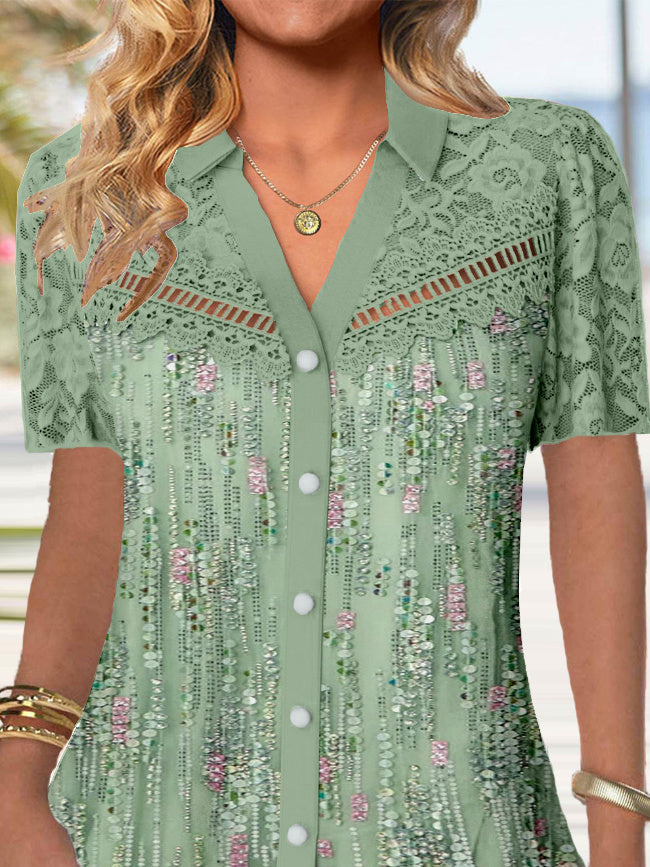 Women's Short Sleeve V-neck Graphic Printed Lace Stitching Tops