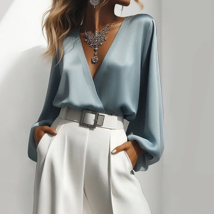 Formal Solid Wrap Deep V Neck Lantern Sleeve Blouse