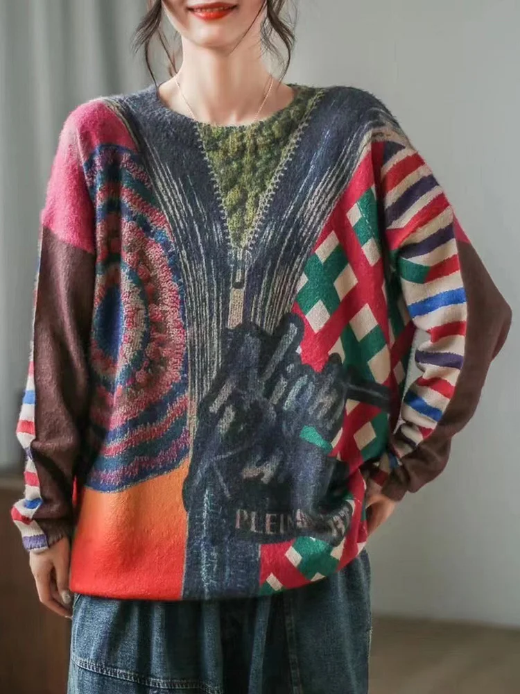 Women Print O-Neck Vintage Long Sleeve Sweater