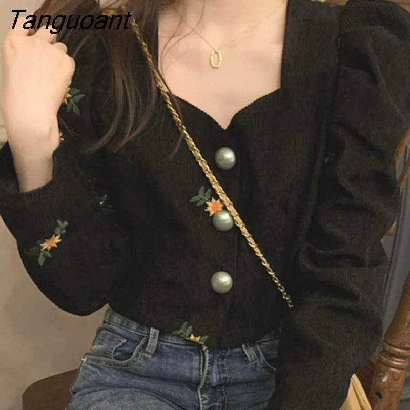 Tanguoant Shirts Women Fashion Korean Style Flowers Embroidery Retro Females Gentle Single Breasted Puff Sleeve Streetwear Autumn