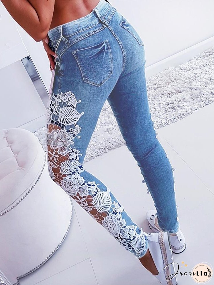 Lace Floral Crochet Cutout Elegant Sexy Denim Pencil Skinny Jeans