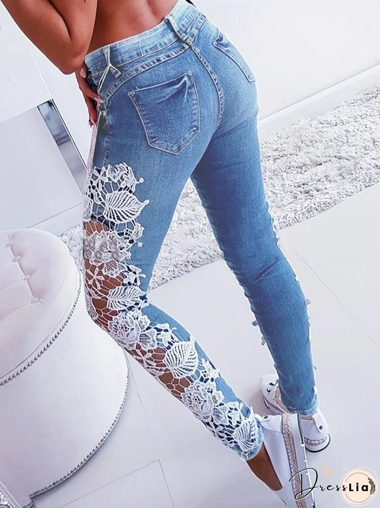 Lace Floral Crochet Cutout Elegant Sexy Denim Pencil Skinny Jeans