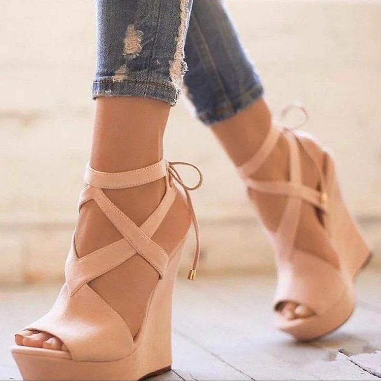 Nude Cutout Back Lace-up Peep Toe Platform Sandals with Wedge |FSJ Shoes