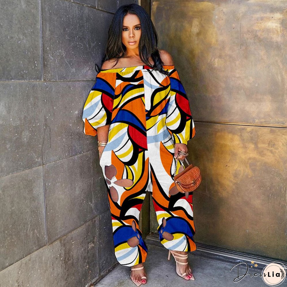 Sexy Slim Low Back Crochet Print Plus Size Jumpsuit