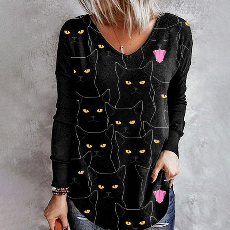 Vefave Casual V Neck Contrast Cat Print T-Shirt