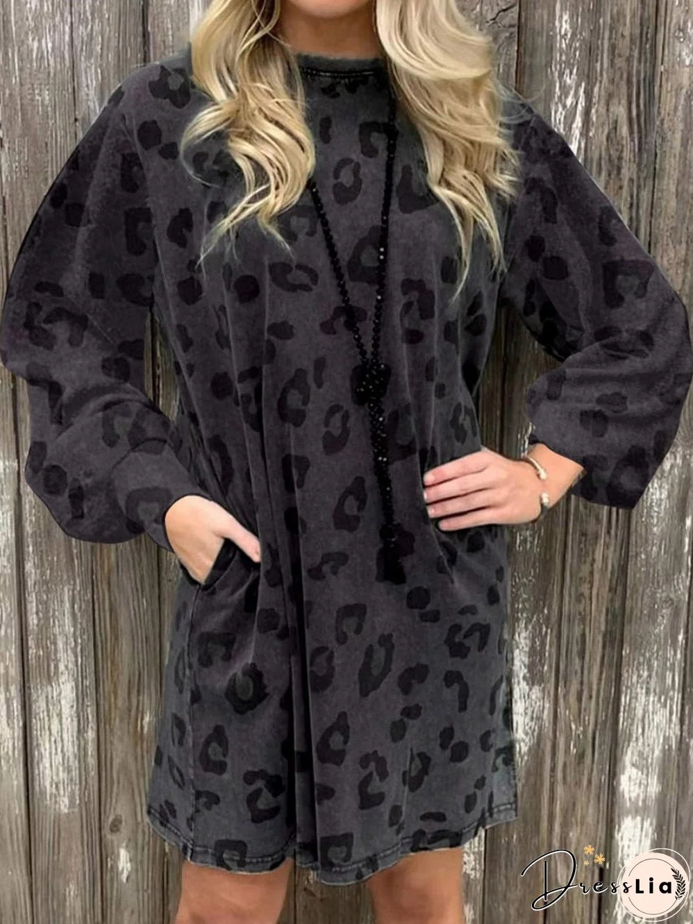 Gray Leopard Puff Sleeve Tunic Mini Dress with Pockets