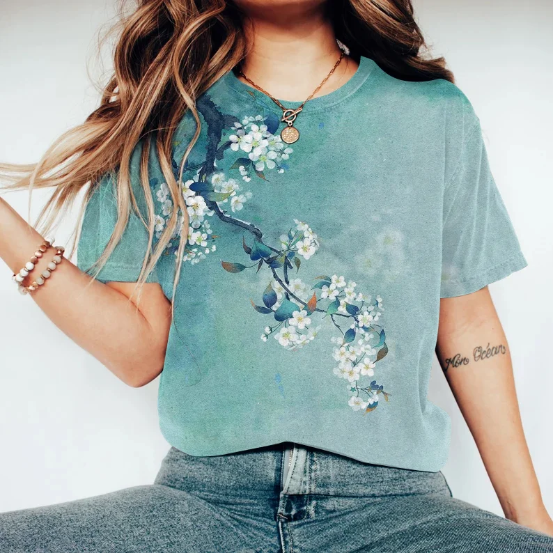 Japanese Antique Pear Blossom Ink Painting Print T-Shirt