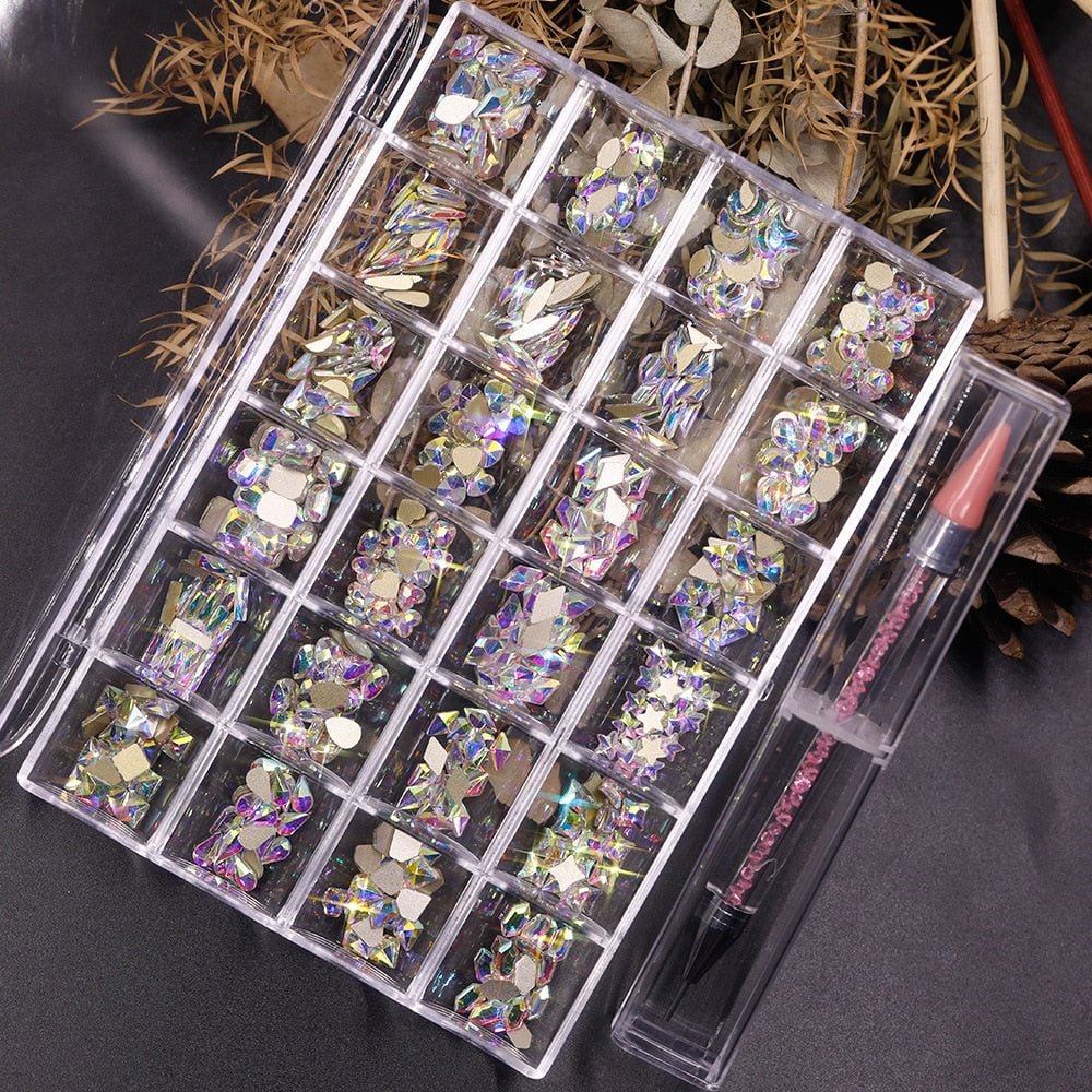480Pcs Glass Crystal Rhinestones Set With 1Pc Dotting Pen Flatback Different Shapes Multicolors For Choose Nail Decoration Kit