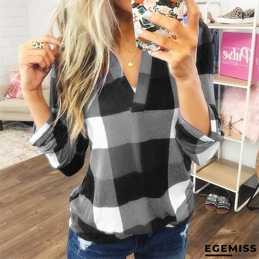 Best Selling Spring and Autumn Shirt Plaid Printed V-Neck Long Sleeve T-shirt | EGEMISS