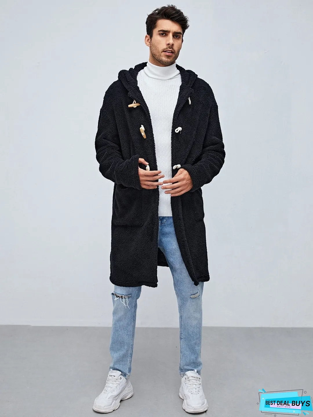 Men Pocket Front Duffle Hooded Flannel Coat