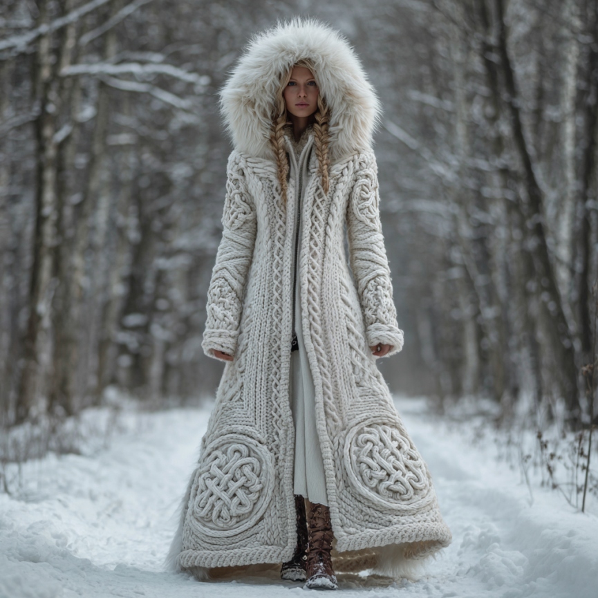 Women's Viking Celtic Knot Art Cozy Fur Trim Hooded Cardigan artswardrobe