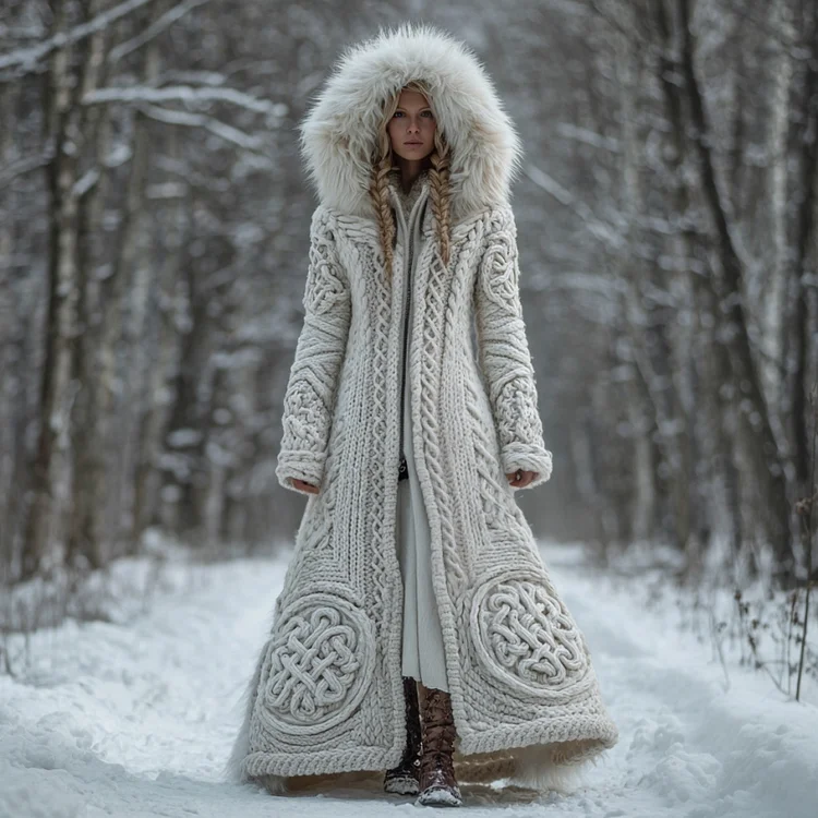 Women's Viking Celtic Knot Art Cozy Fur Trim Hooded Cardigan