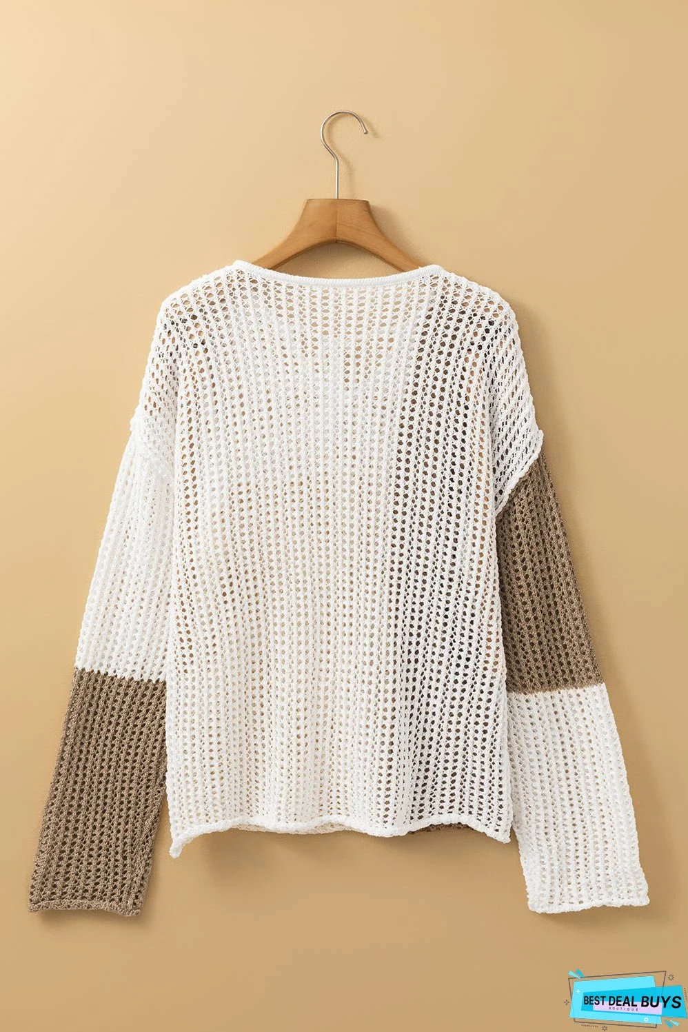 Brown Colorblock Hollow-out Front Tie V Neck Lightweight Sweater