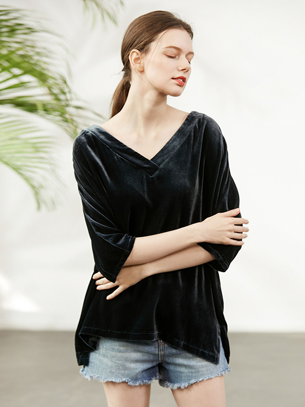 Pull en velours de soie à col en V-Soie Plus