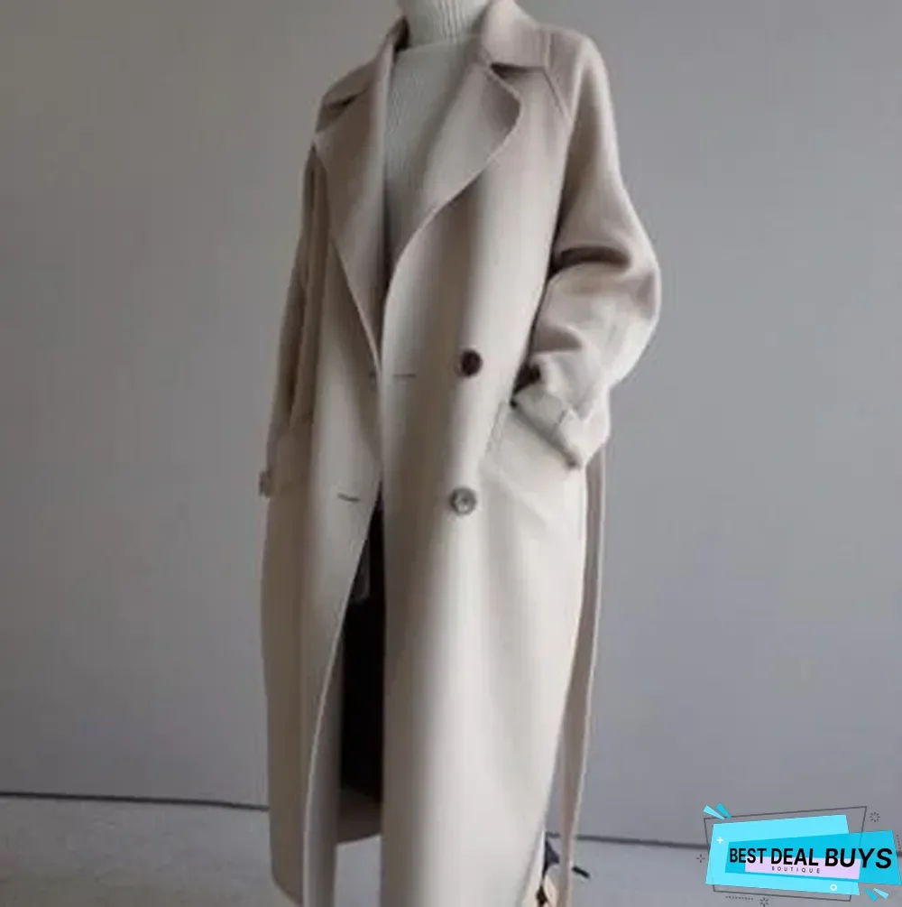 Autumn and Winter Medium Length Loose Over Knee Waist Closing Woolen Coat