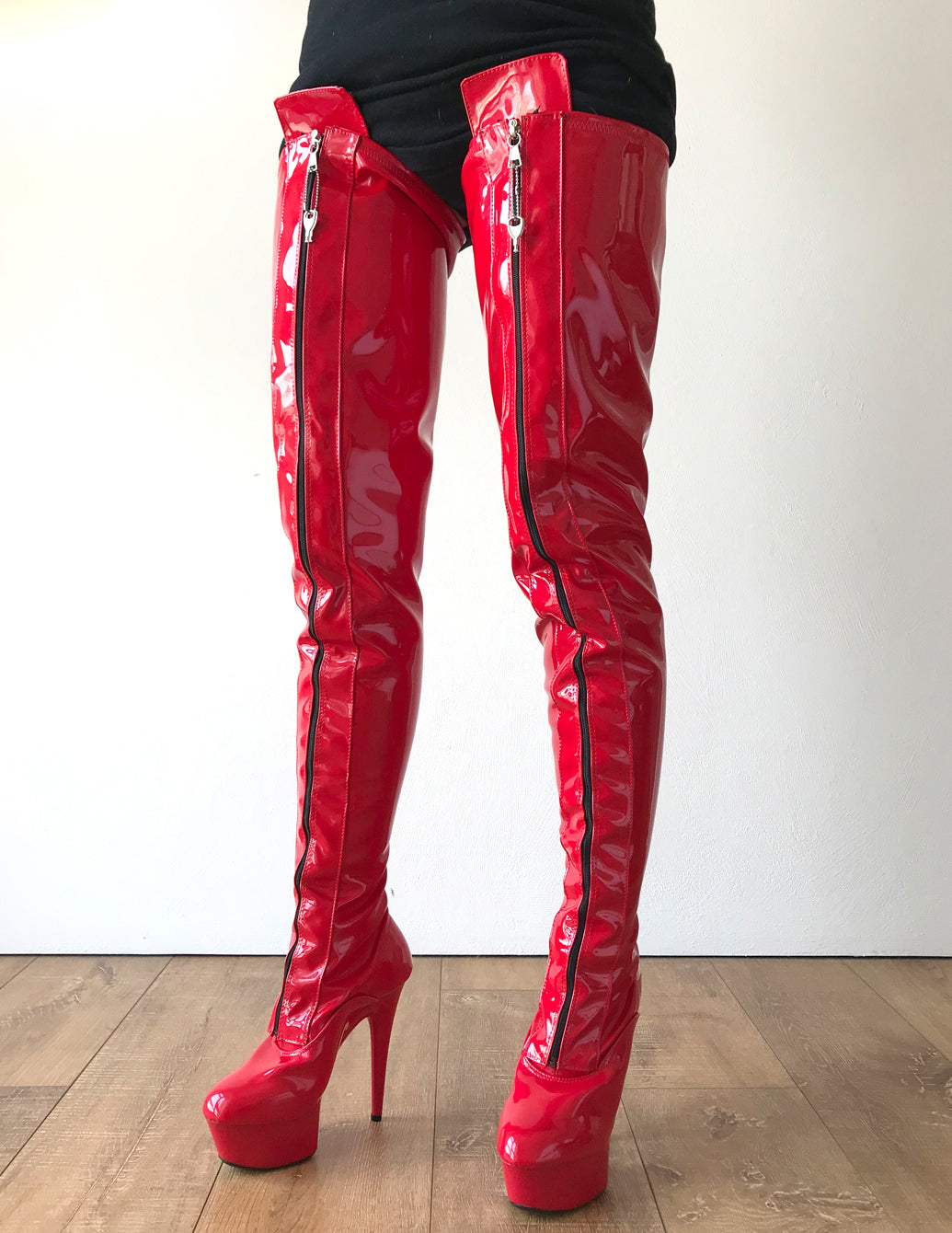 TAAFO PAUL 15cm Platform Crotch Lockable Burlesque LaceUp Zip Red Patent