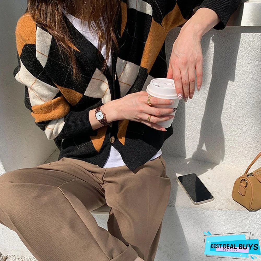 Retro Rhombic Sweater Cardigan