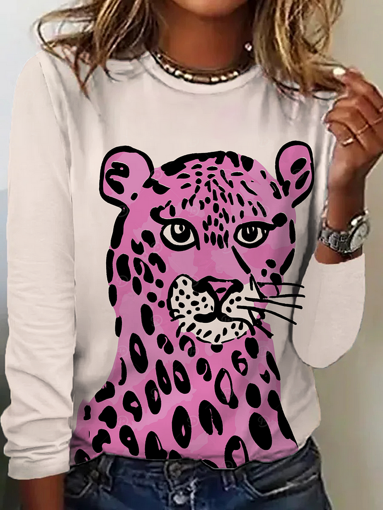 Women's Crew Neck Cheetah Animal Long Sleeve T-Shirt socialshop