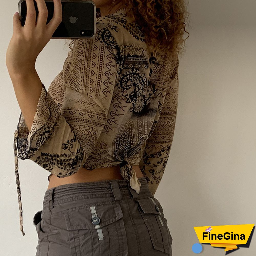 Lace Up Long Sleeve Graphic Printed Crop Blouse