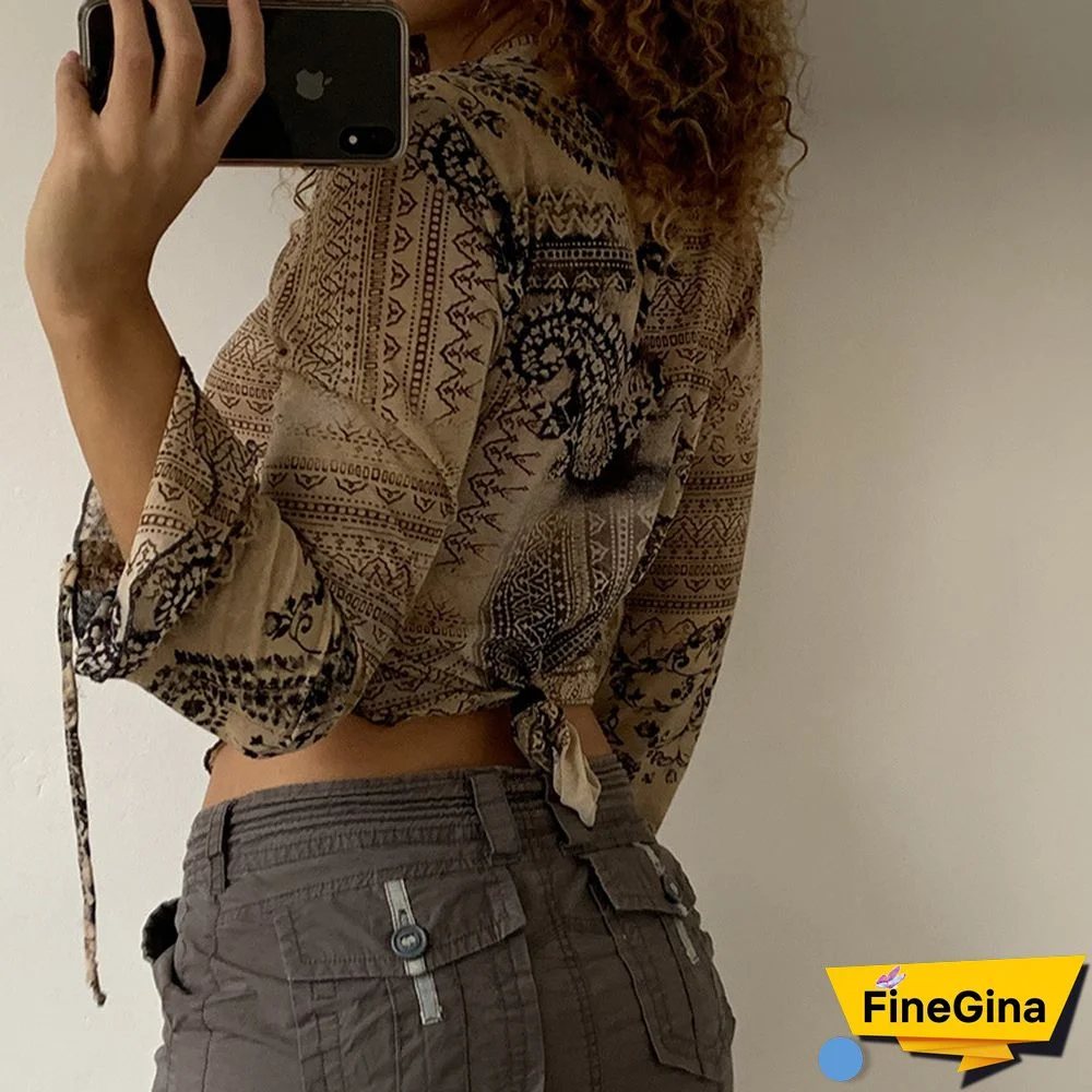 Lace Up Long Sleeve Graphic Printed Crop Blouse